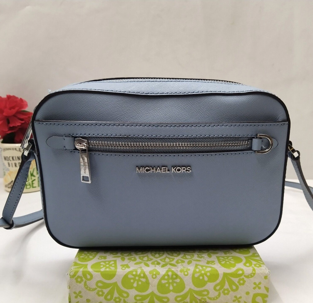 Michael Kors Jet Set Blue Saffiano Leather Zipper Closure Crossbody Bag